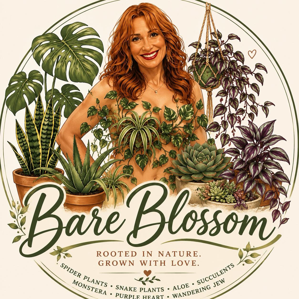 Bare Blossom, an illustrated emblem surrounded by houseplants